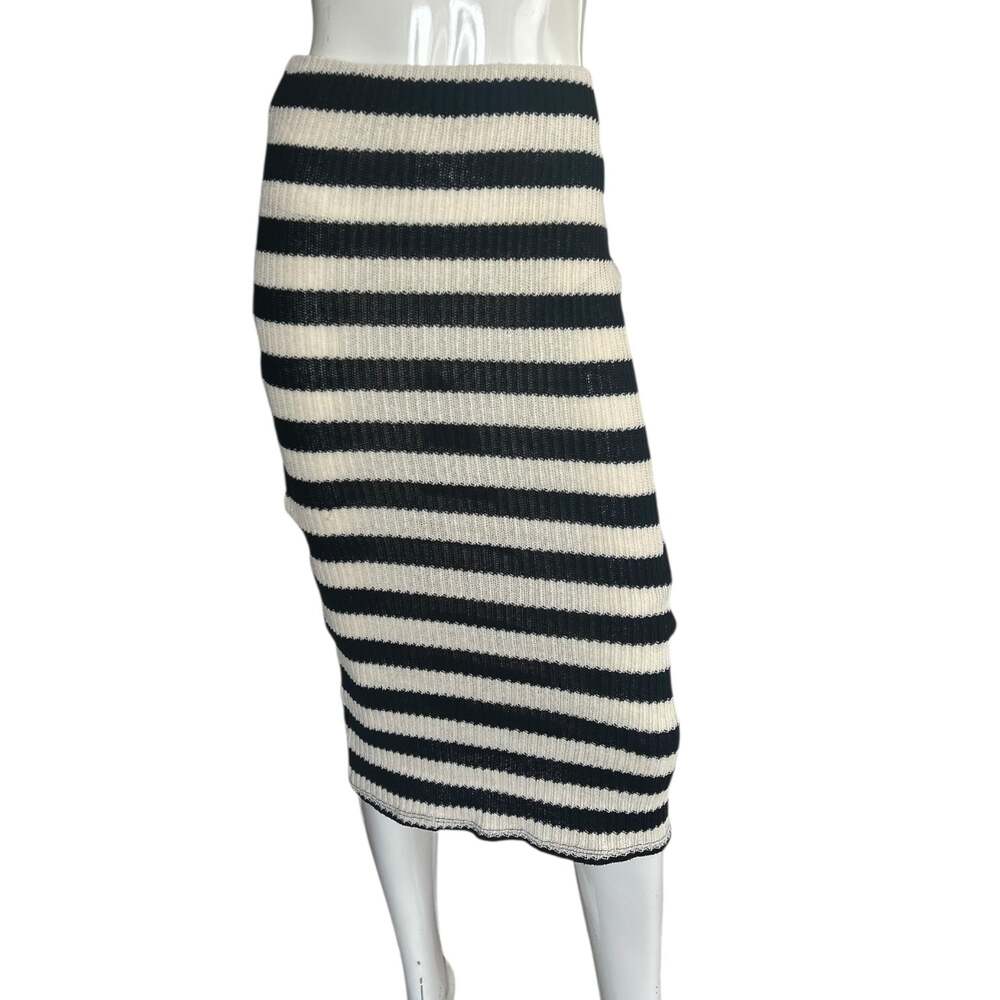 Zara Black White Striped Ribbed Knit Midi Skirt Bodycon Stretch Small NWT